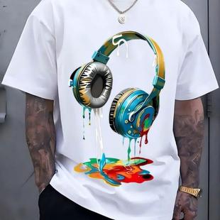 men's Navy Blue Graphic Tee wh Vibrant Headphone Print 2