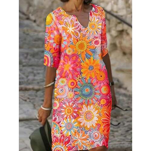 H 52857 Patchwork V-Neck Dress 拼色印花连衣裙