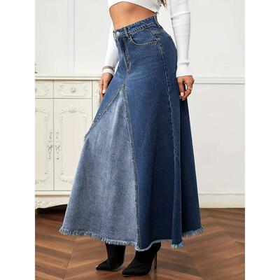 H 38209 Patch denim frayed long skirt 拼接牛仔毛边半身长裙