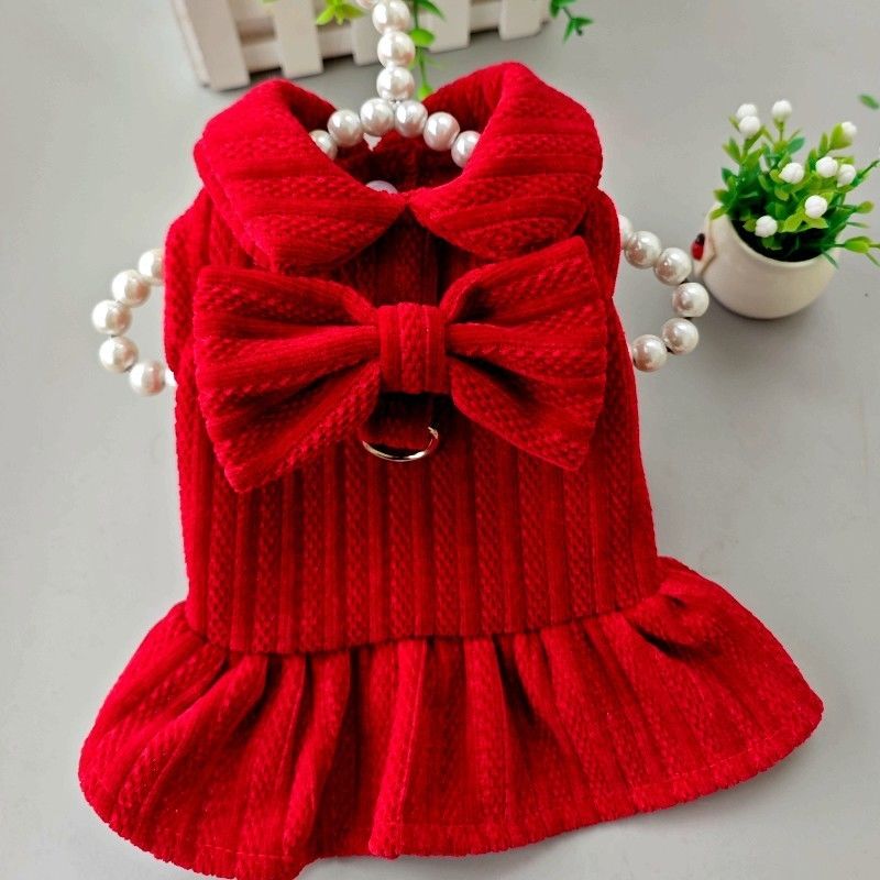 猫咪衣服冬装新年红色公主风狗狗毛昵裙子可牵引环泰迪比熊猫咪宠