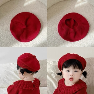 红色婴儿帽子公主贝雷帽棉线喜庆针织帽女童可爱毛线帽男宝画家帽