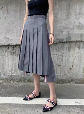 [赠退货宝]秋冬款TUMA TB百褶裙中长A字裙灰色高腰长裙复古半身裙