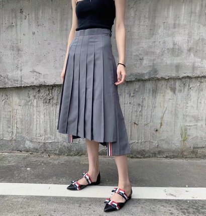 [赠退货宝]秋冬款TUMA TB百褶裙中长A字裙灰色高腰长裙复古半身裙