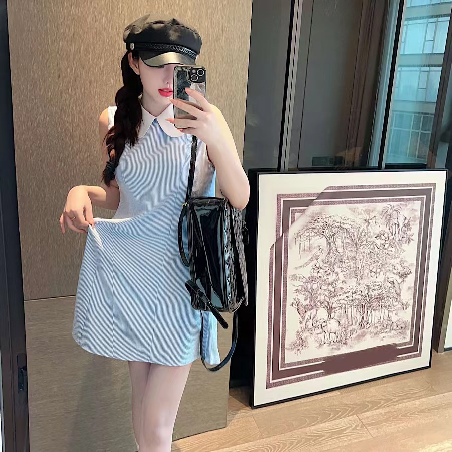 夏季新品TUMA TB法式复古学院风无袖条纹娃娃领连衣裙织带四杠女
