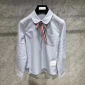 TB纯女款 浅蓝色暗纹色织四杠衬衣春夏款 蝴蝶结套头长袖 TUMA 衬衫