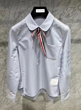 TUMA TB纯女款浅蓝色暗纹色织四杠衬衣春夏款蝴蝶结套头长袖衬衫