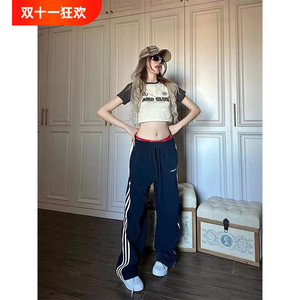 美式复古运动裤女秋冬新款侧边三条杠条纹休闲裤宽松垂感直筒裤潮