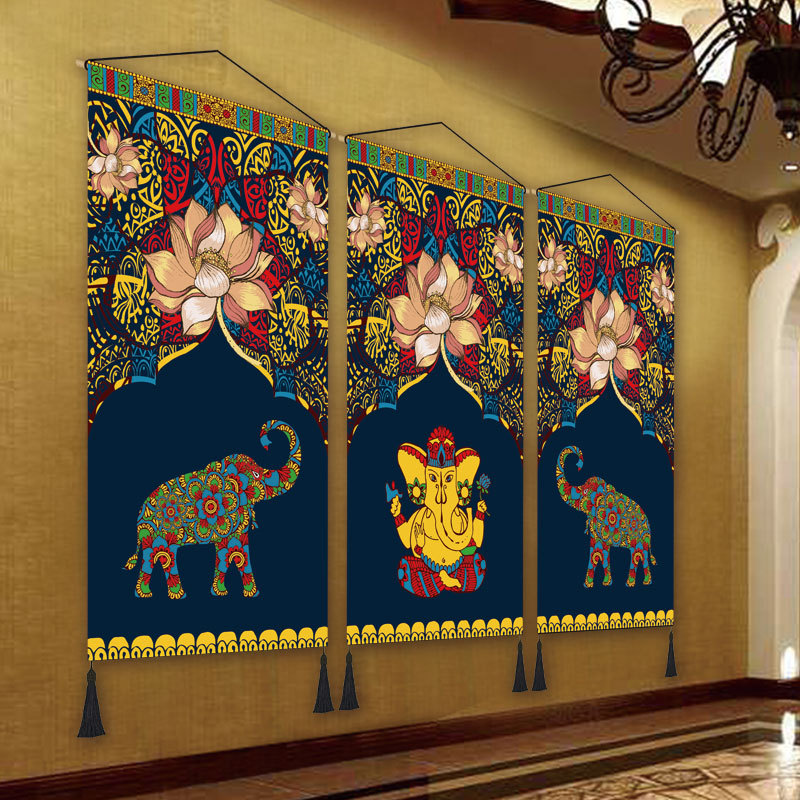 东南亚泰式大象民宿挂画壁挂布客厅背景墙装饰画布壁画布艺装饰画图片