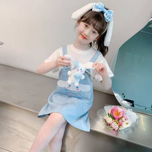 女童假两件短袖T恤裙子夏季2025新款儿童连衣裙韩系大童玉桂狗衫