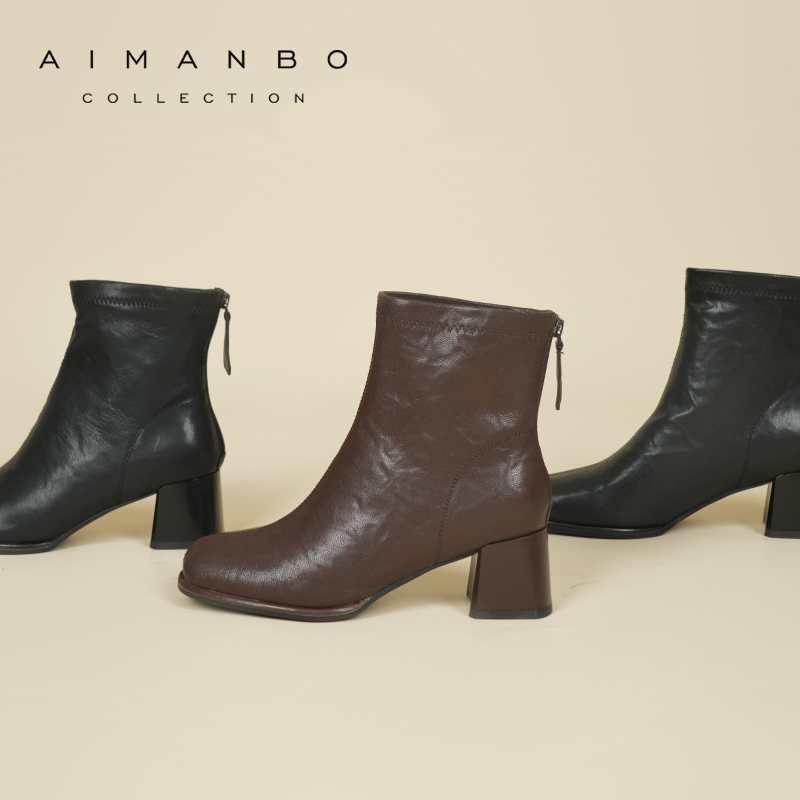 漫步佳人2025冬季新品复古褶皱显瘦高跟短靴子女鞋优雅时装靴单靴