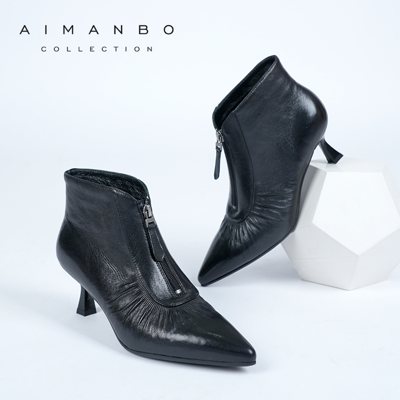 漫步佳人2025冬季新品尖头细高跟拉链短靴显瘦气质加绒时装靴女鞋