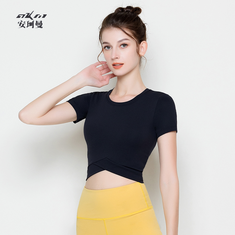 安珂曼瑜伽服短袖美背女夏季高級感裸感上衣防震短款T恤