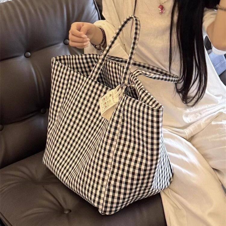 优质帆布手提包黑白格子