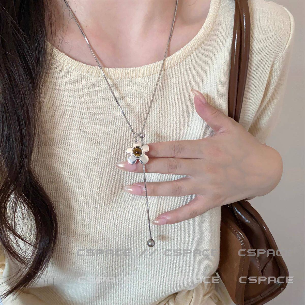 搭配衣服的装饰品虎眼石花朵爱心抽拉项链女高级感小众长款毛衣链