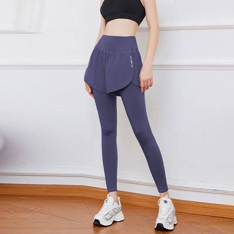 健身房裤子新款高腰收腹假两件健身裤女外穿口袋速干跑步运动长裤