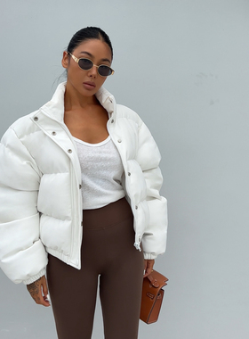 面包服短款女白色PU皮棉服外套美式街头加厚秋冬保暖宽松棉袄立领