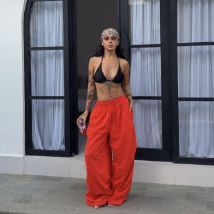 炸街欧美网红度假休闲风复古设计感个性 橘红色降落伞裤 子女伞兵裤