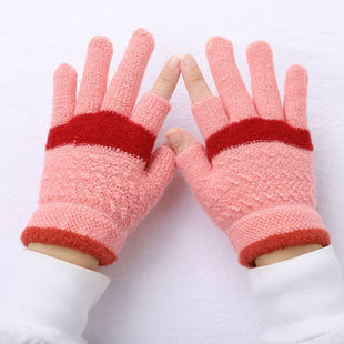 儿童手套可以写字露两指儿童手套秋冬季 加绒保暖防冻半指手套男女