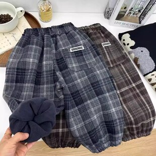 冬季 格子束脚裤 2025新款 子小男孩韩版 儿童一体绒裤 男童加绒呢子裤