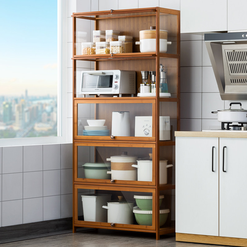 厨房置物架落地式多层收纳柜家用多功能带门家用用品储物柜橱柜木