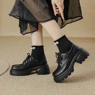 乐福鞋女2025春秋新款玛丽珍女鞋厚底系带黑色高跟鞋英伦风小皮鞋