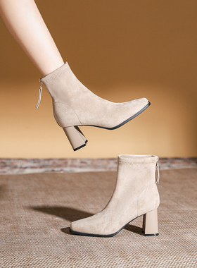 法式绒面时装小短靴女2025秋冬新款爆款粗跟洋气小个子高跟瘦瘦靴