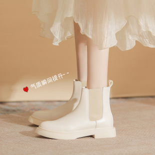 马丁靴女款2025新款冬款加绒英伦风切尔西平底白色短靴弹力瘦瘦靴