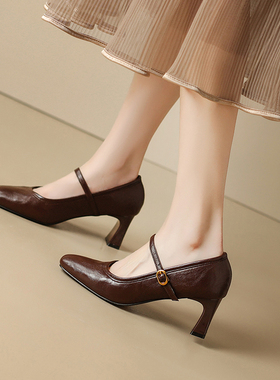 羊皮~高跟鞋女2025春秋新款气质法式软底皮鞋玛丽珍女鞋粗跟单鞋