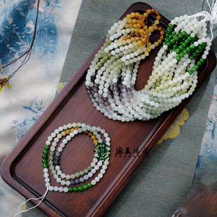 新疆和田玉碧玉糖料多宝渐变多圈108颗佛珠圆珠手串项链念珠证书