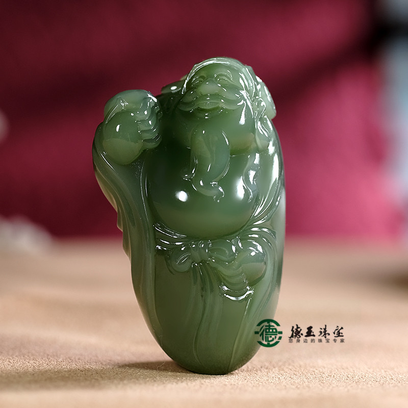 财神吊坠把件老料粉绿天然和田玉
