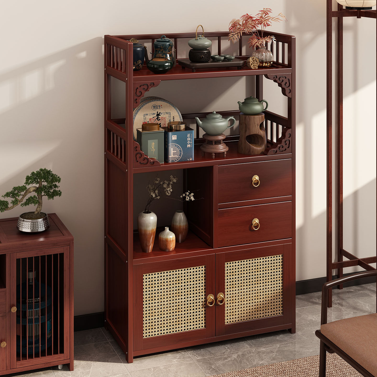 博古架小型茶具置物架茶室中式多宝阁茶水柜紫砂壶摆件收纳置物架