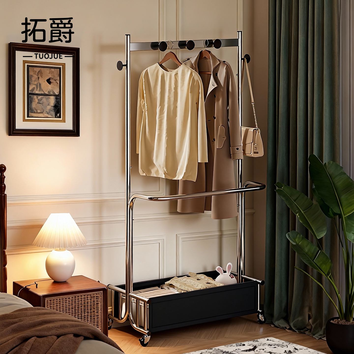 卧室金属衣帽架家用不锈钢落地衣架可移动简易置衣架多功能晾衣杆