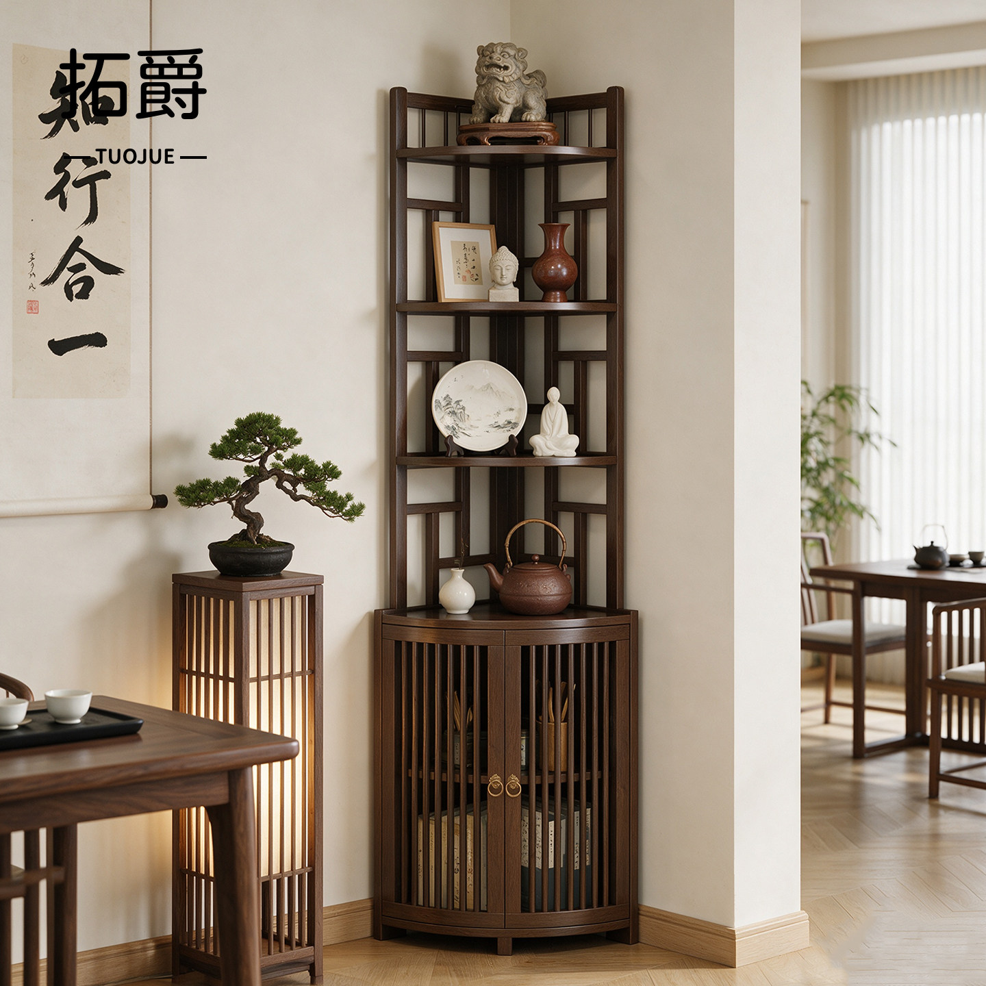 转角置物架中古风小拐角三角柜茶室墙角摆件展示架茶具茶叶收纳架