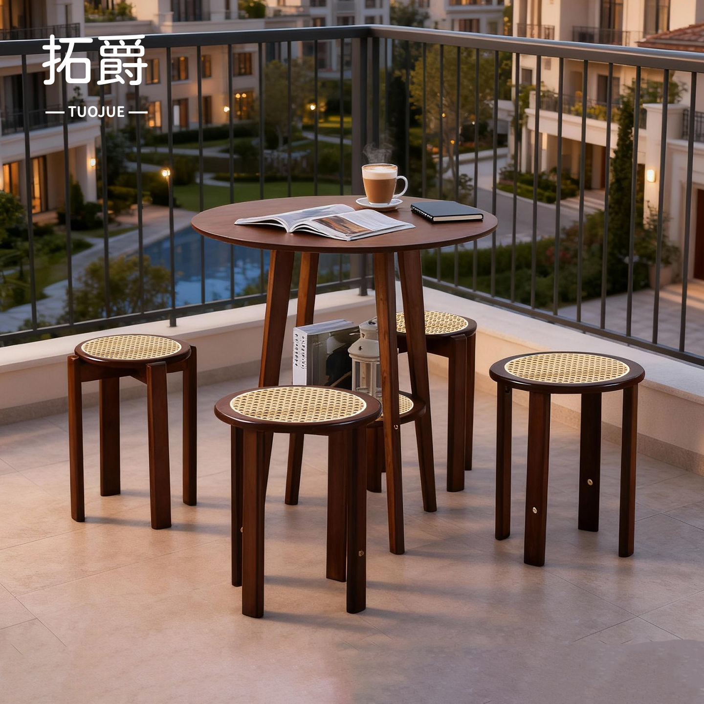 户外藤编桌凳组合阳台庭院小茶桌别墅露天台休闲小圆桌喝茶小桌子