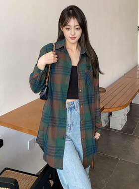 棉麻格子衬衫女款春秋薄外套宽松
