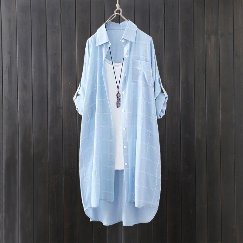 蓝色格子衬衫女春夏2024新款设计感小众防晒衬衣内搭叠穿长袖上衣,女装/女士精品,衬衫,淘宝优惠券,粉丝福利购,淘宝优惠卷