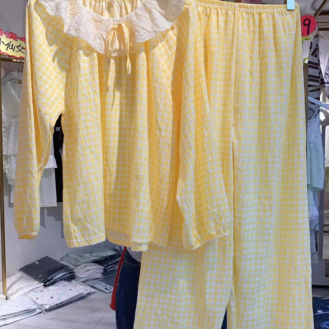 甜美格纹ins复古睡衣女春秋季睡衣/家居服套装