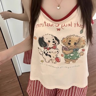 可爱卡通小狗印花吊带睡衣夏天女新款 甜美外穿格子短裤 家居服套装