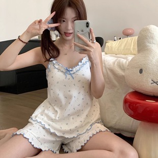 甜美韩系少女碎花蕾丝吊带短裤 睡衣女夏季 带胸垫可外穿家居服套装