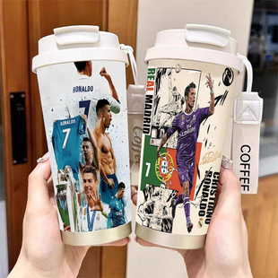 漫画足球皇马C罗保温杯316不锈钢大容量双饮吸管水杯车载咖啡杯