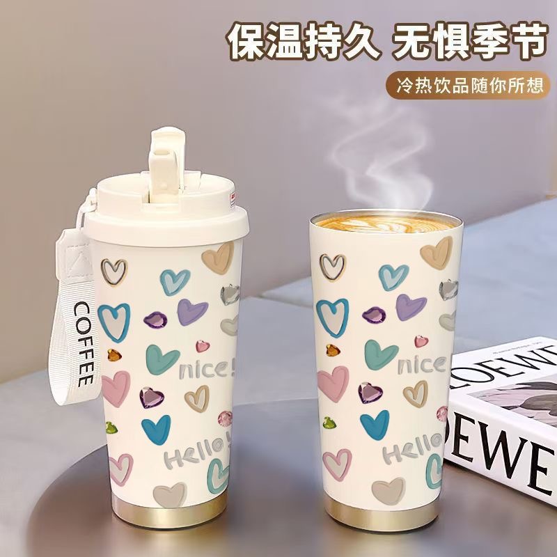 保温杯三饮潮流便携男女大容量新款保温吸管防漏陶瓷内胆咖啡杯