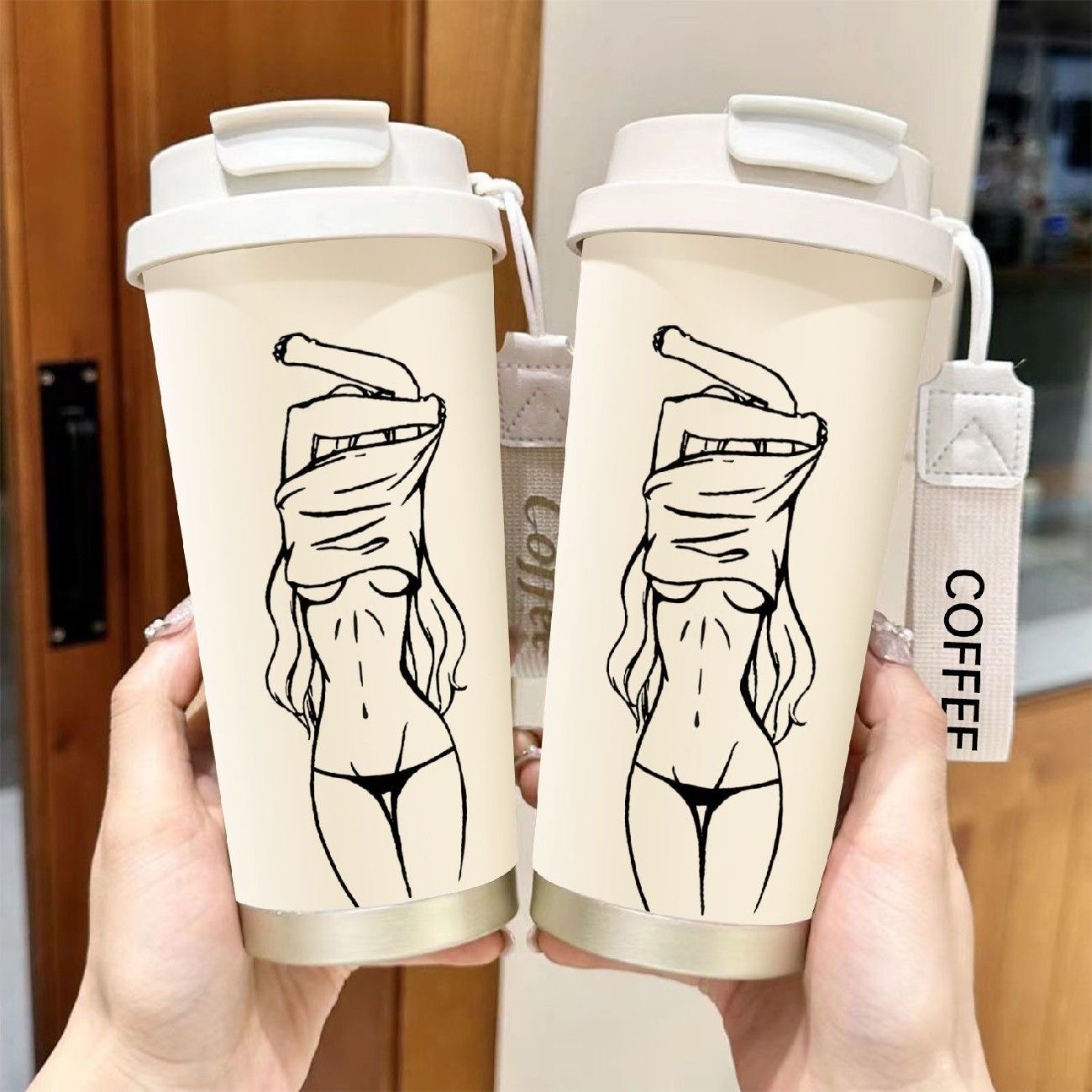 线条美女保温杯316不锈钢咖啡杯高颜值随行吸管保冷水杯2024新款