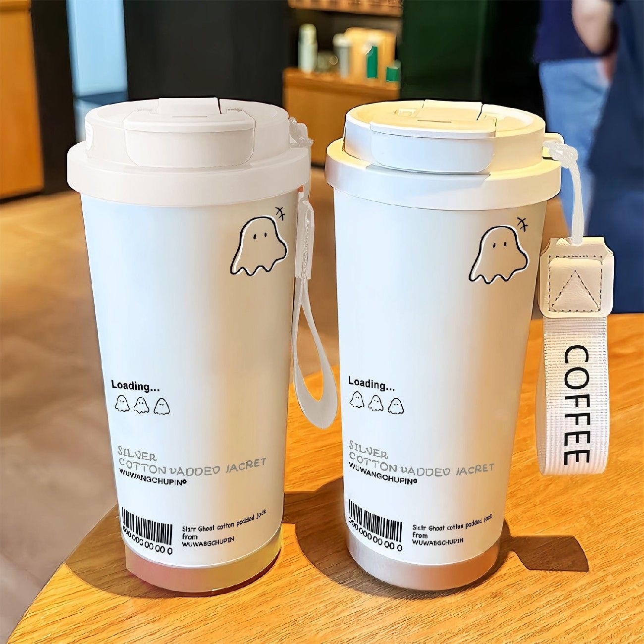 英文幽灵保温杯316不锈钢咖啡杯女高颜值随行吸管水杯子2024新款