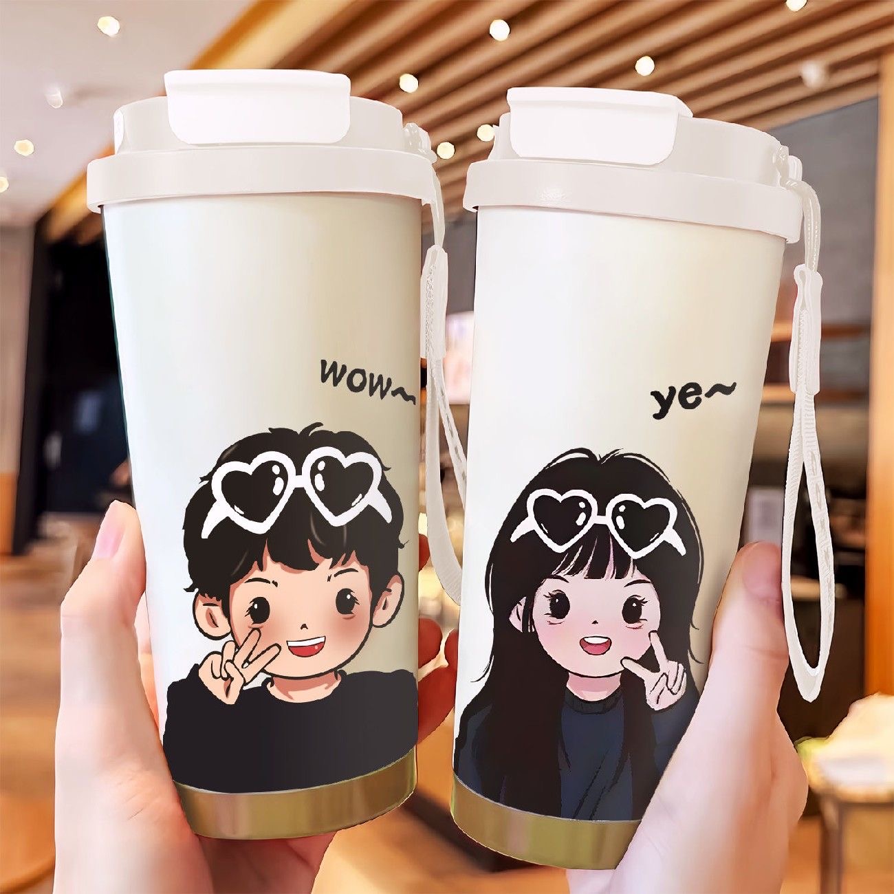 比耶男孩保温杯316不锈钢咖啡杯女高颜值随行吸管水杯子2024新款