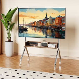 实木可移动电视机落地支架子不锈钢带轮推车内嵌插座家用电视挂架