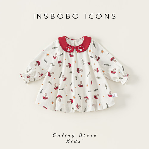 INSbobo女童娃娃领印花裙子秋季