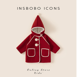 INSbobo女童外套2025新款加绒加厚儿童冬装宝宝长款呢大衣秋冬装