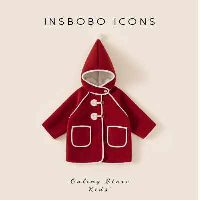INSbobo儿童撞色尖尖帽呢大衣