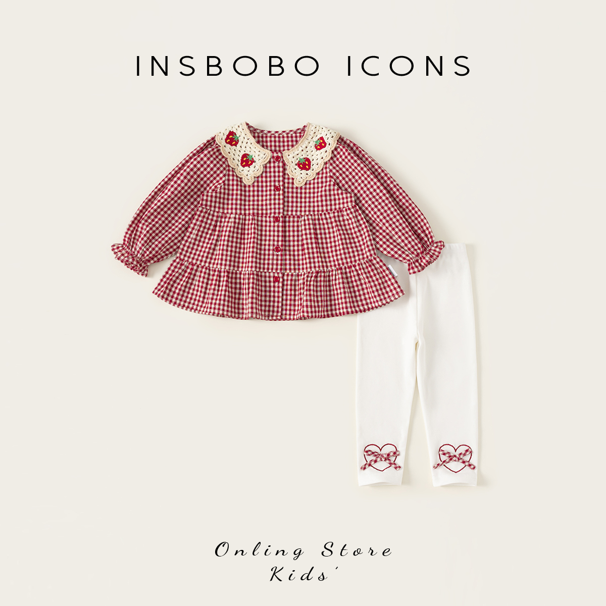 INSbobo女童格子翻领花边套装秋