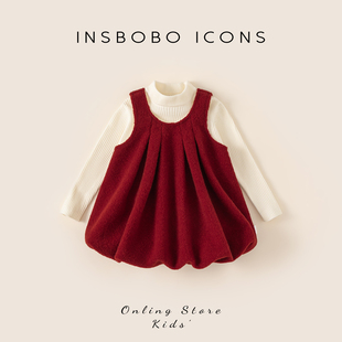 INSbobo女童套装裙2025冬季新儿童红色连衣裙洋气长袖公主裙秋冬